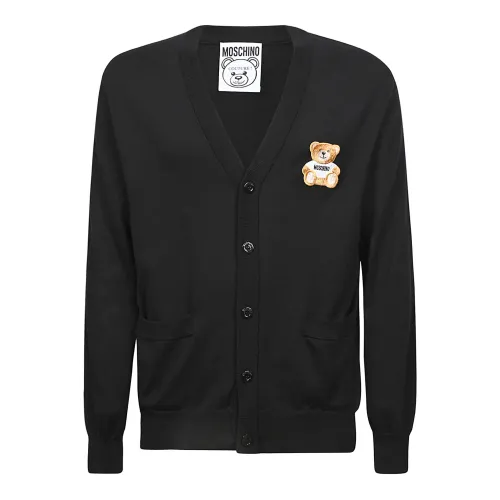 Moschino , Black Cotton Cardigan with Embroidered Bear ,Black male, Sizes:
