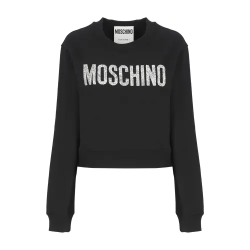 Moschino , Black Cotton Sweatshirt with Strass Logo ,Black female, Sizes: