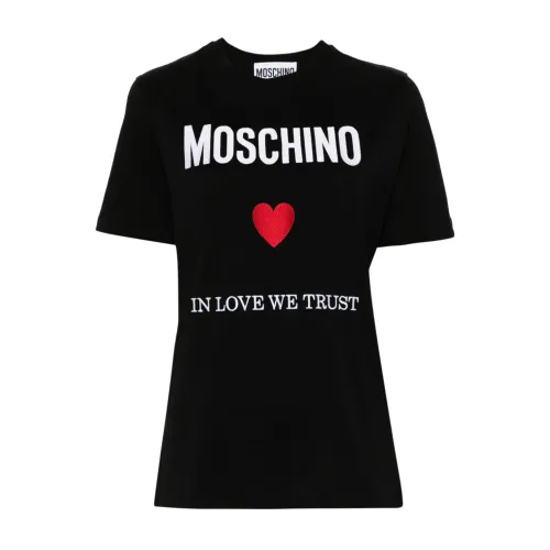 Moschino , Black Crewneck T-shirts with Logo Embroidery ,Black female, Sizes: