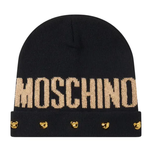 Moschino , Black Wool Beanie Hat with Logo ,Black female, Sizes: ONE