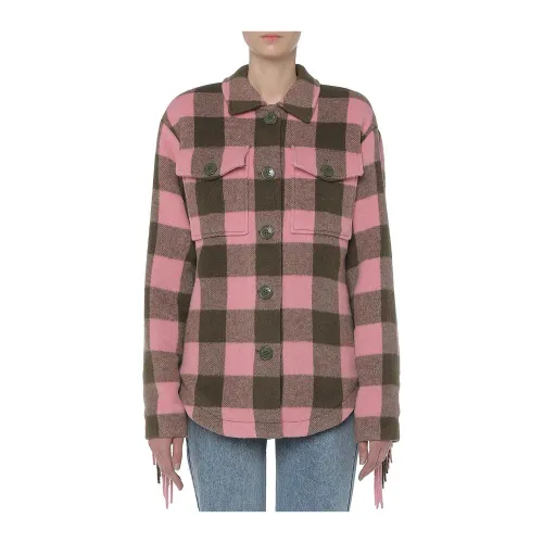 Moschino , Check Fringed Wool Blend Jacket ,Pink female, Sizes: