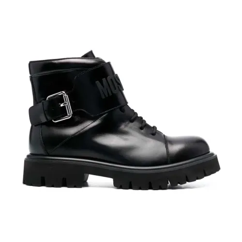 Moschino , Embossed Logo Leather Lace-up Boots ,Black male, Sizes: