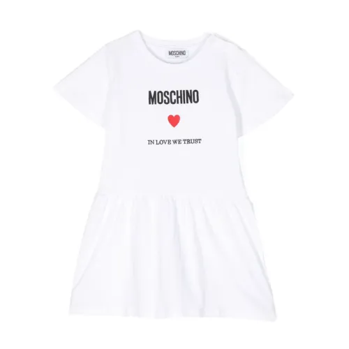 Moschino , Flounced White Dress with Logo and Heart ,White female, Sizes: