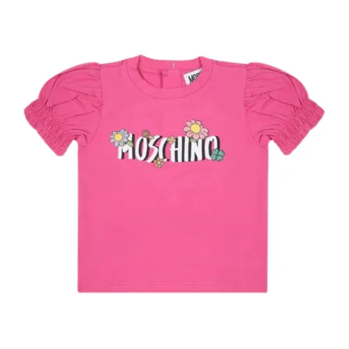 Moschino , Fuchsia T-shirt with Balloon Sleeves and Floral Logo ,Pink female, Sizes: