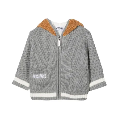Moschino , Hooded Cardigan Sweater with Bear Embroidery ,Gray male, Sizes:
