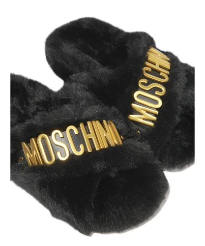 Moschino Kid Kids Girls Faux Fur Logo Slippers - Black