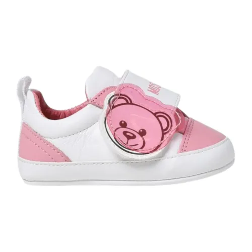 Moschino , Kids Leather Flat Shoes with Teddy Bear Patch ,White female, Sizes: