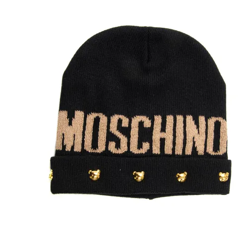 Moschino , Logo Hat with Rolled Cuffs and Contrast Details ,Black female, Sizes: ONE