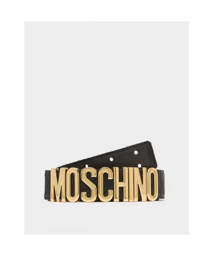 Moschino Mens Accessories All Over Logo Print With Plaque Belt in Gold Polyamide