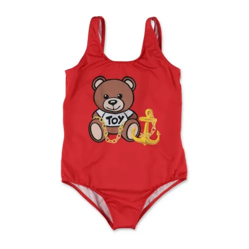 Moschino , Red One-Piece Swimsuit with Teddy Bear and Logo Lettering ,Red unisex, Sizes: