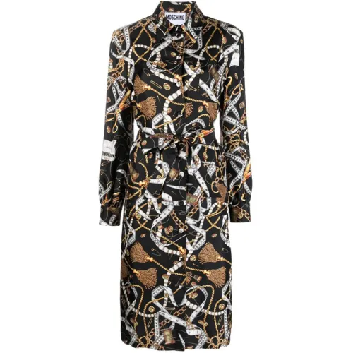 Moschino , Silk Graphic-Print Midi Dress ,Brown female, Sizes:
