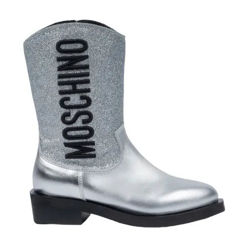 Moschino , Silver Laminate Glitter Boots ,Gray female, Sizes: