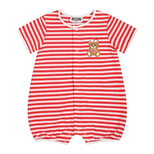 Moschino , Striped Romper with Teddy Bear Embellishment ,Red unisex, Sizes:
