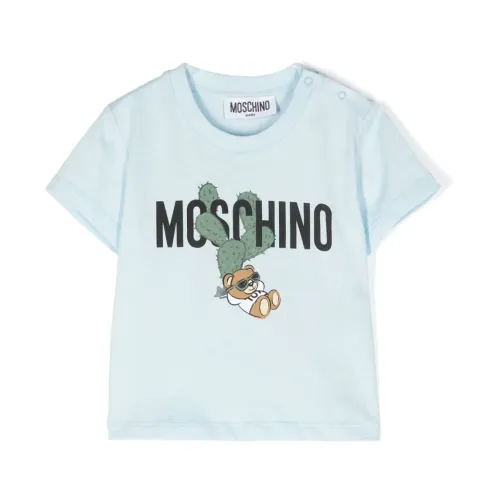 Moschino , Teddy Bear Sky Blue Logo Print T-shirt ,Blue male, Sizes: