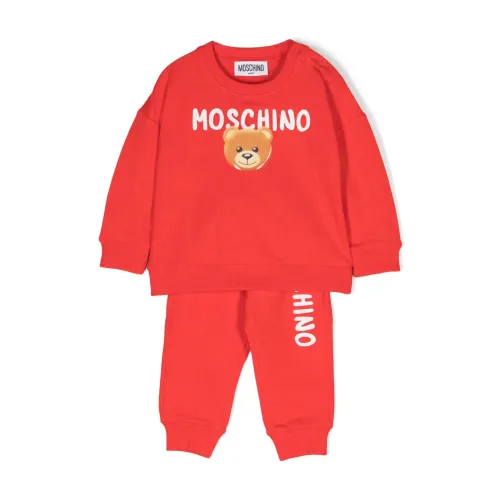 Moschino , Unisex Cotton Sweatshirt and Pants with Logo Lettering and Teddy Bear ,Red male, Sizes: