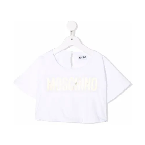 Moschino , White Cropped Logo-Print T-Shirt for Stylish Young Girls ,White female, Sizes: