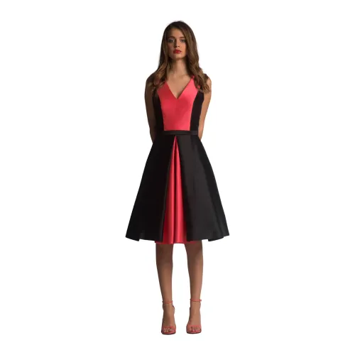 Moskada , Elegant Sleeveless Midi Dress with V-Neck and Black Overlay ,Black female, Sizes: