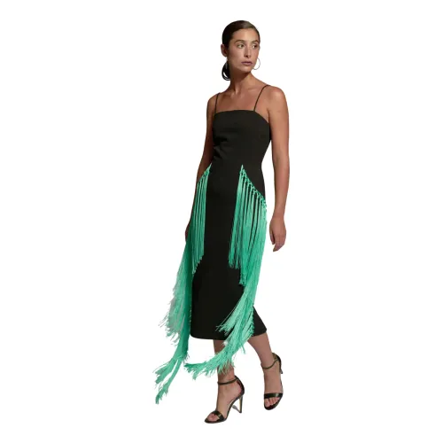 Moskada , Green Fringed Midi Dress ,Black female, Sizes:
