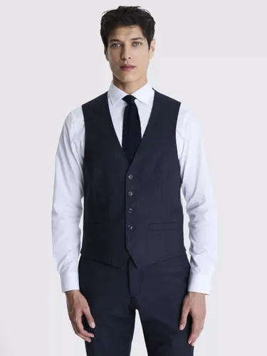 Moss Tailored Fit Wool Blend Check Performance Waistcoat, Navy - Navy - Male