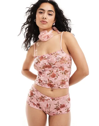 Motel bow detail lace cami co-ord in pink