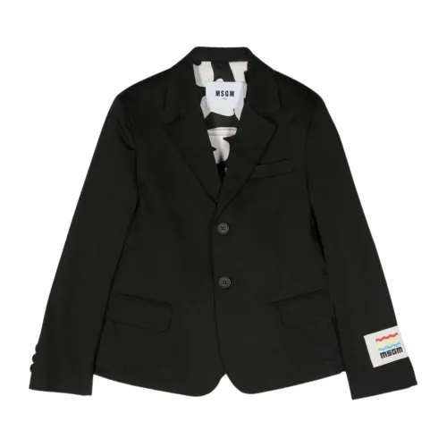 Msgm , Black Kids Jacket with Button Closure and Logo Detail ,Black female, Sizes: