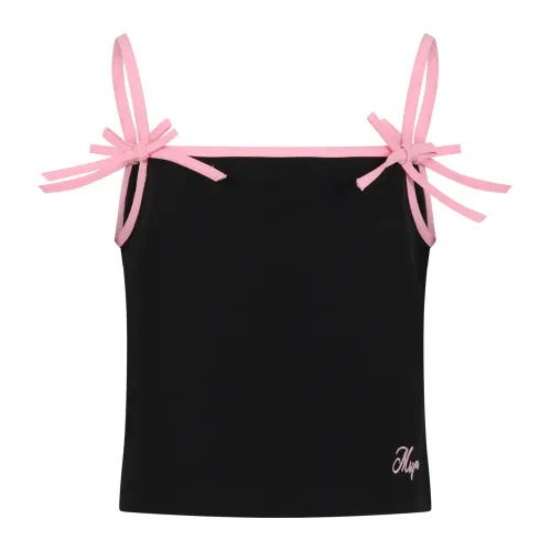 Msgm , Black Top with Pink Straps and Bows ,Black female, Sizes:
