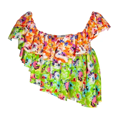 Msgm , Floral Cropped Top with Ruffled Neckline ,Multicolor female, Sizes: