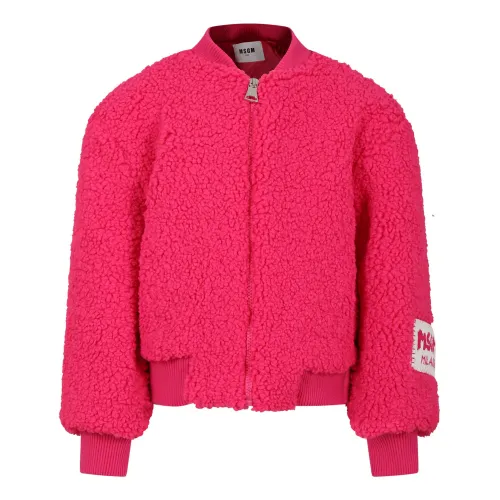Msgm , Fuchsia Faux Fur Coat with Logo Patch ,Pink unisex, Sizes: