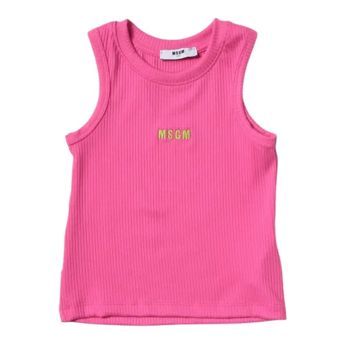 Msgm , Fuchsia Ribbed Tank Top with Yellow Logo Embroidery ,Pink female, Sizes: