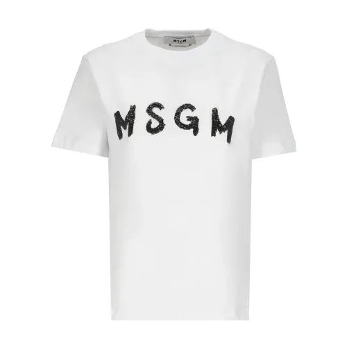 Msgm , White Cotton T-shirt with Logo ,White female, Sizes:
