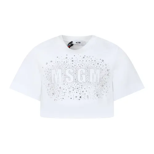 Msgm , White Cotton T-Shirt with Silver Logo ,White female, Sizes: