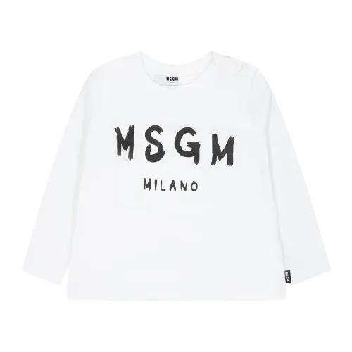 Msgm , White Long Sleeve T-Shirt with Black Logo ,White female, Sizes: