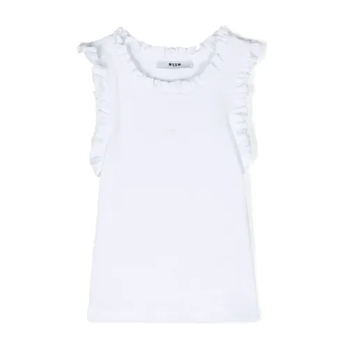 Msgm , White Ribbed Knit Top with Ruffled Trim ,White female, Sizes: