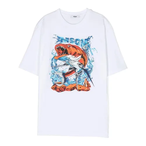 Msgm , White Shark Print T-shirt for Kids ,White male, Sizes: