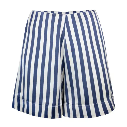 MVP wardrobe , Striped Beige Wide Shorts ,Blue female, Sizes: