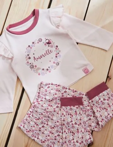 My 1St Years Girls Personalised Pink Floral Frill Pyjama Set (0-6 Yrs) - 1-2Y, Pink