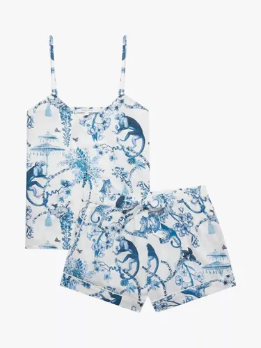 myza Organic Cotton Chinoiserie Whimsy Print Cami & Short Pyjamas, White/Blue - White/Blue - Female