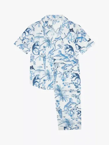 myza Organic Cotton Chinoiserie Whimsy Print Short Sleeve Shirt Long Pyjamas, White/Blue - White/Blue - Female