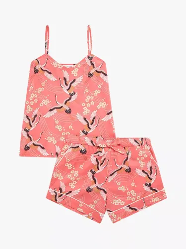 myza Organic Cotton Crane Print Cami & Short Pyjamas, Coral/Multi - Coral/Multi - Female