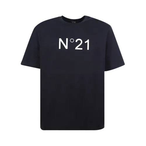 N21 , Black Crew-neck T-shirt with Contrasting Logo ,Black male, Sizes: