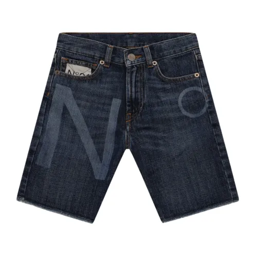 N21 , Kids Bermuda Jeans with Logo Print ,Blue male, Sizes: