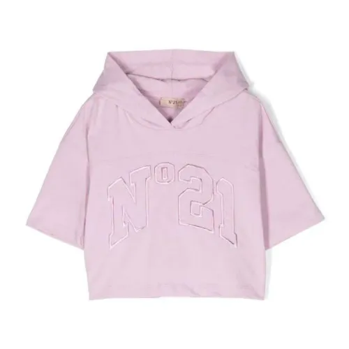 N21 , Kids Cropped Hooded T-Shirt with Embroidered Logo ,Purple female, Sizes: