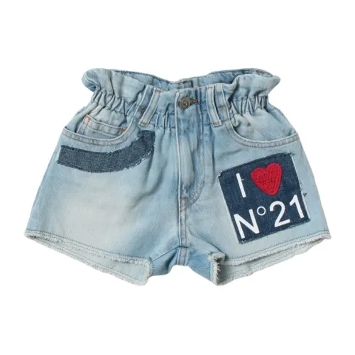N21 , Kids Shorts with Contrast Patches and Crochet Heart ,Blue female, Sizes: