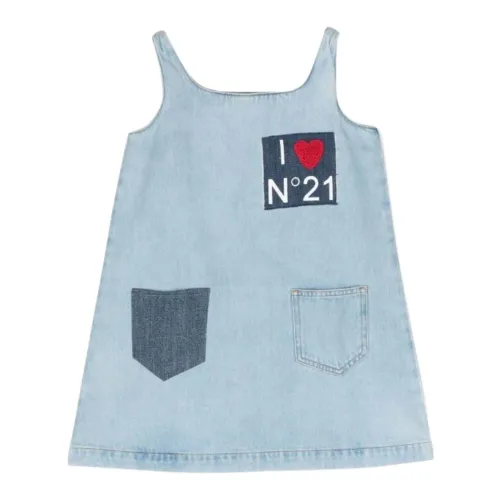 N21 , Light Wash Denim Dress with Heart Patch ,Blue female, Sizes: