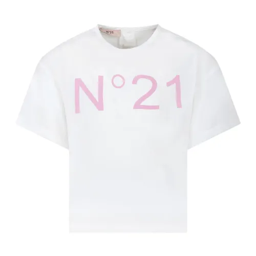 N21 , White Cotton T-Shirt with Liliac Logo ,White unisex, Sizes: