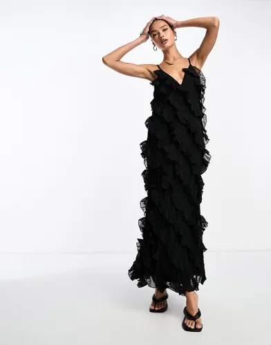NA-KD all over frill maxi dress in black