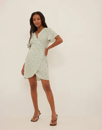 NA-KD mini wrap dress in green and blue floral print