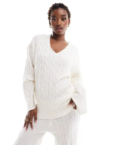 NA-KD v neck cable knit sweater co-ord in off white