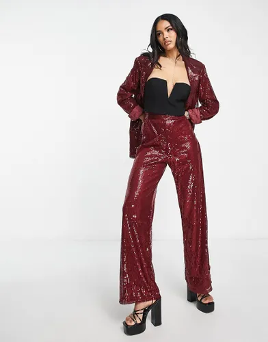 NaaNaa high waisted sequin trouser coord in burgundy-Red