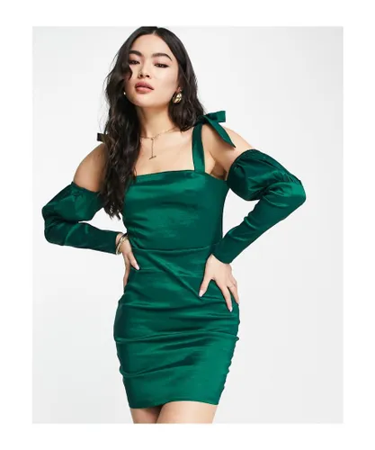 NaaNaa Womens bardot puff sleeve satin bodycon dress in green